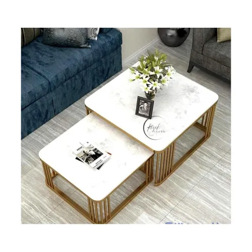 Furniture Cafe Square Nesting Coffee Table Set of 2 with White Marble Look Top & Gold Metal Frame | Modern Stackable Center Tables for Living Room, Bedroom, Balcony & Apartment (White & Black & Gold) Furniture Cafe Square Nesting Coffee Table Set of 2 with White Marble Look Top & Gold Metal Frame | Modern Stackable Center Tables for Living Room, Bedroom, Balcony & Apartment (White & Black & Gold)