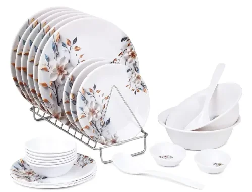 Golden Fish Melamine Printed Dinner Set 24 Pieces | BPA-Free & Dishwasher Safe | Durable & Stylish | Floral Print | Crockery Set for Dining & Gifting | Plates & Bowls for Daily Use (White & Blue)