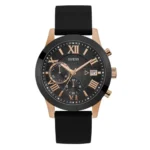 GUESS Men Comfortable Black Dial + Rose Gold-Tone Stain Resistant Silicone Chronograph Analog Watch With Date. Color:Black Dial/Rose Gold-Tone (Model: U1055G3), Black Band