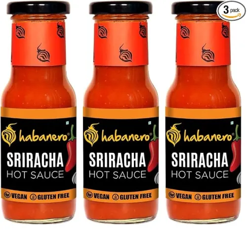 Habanero Sriracha Hot Sauce | Made with Fermented Jalapenos & Garlic | Sweet, Spicy & Tangy Chilli Sauce | Vegan & Gluten Free | 185g (Pack of 3) Habanero Sriracha Hot Sauce | Made with Fermented Jalapenos & Garlic | Sweet, Spicy & Tangy Chilli Sauce | Vegan & Gluten Free | 185g (Pack of 3)