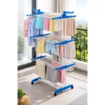 Heavy-Duty Clothes Drying Stand | Load Capacity 50 kg | Portable with Wheels | Balcony Use | Foldable Wings | Rust-Resistant Alloy Steel (Double Pole_Blue)