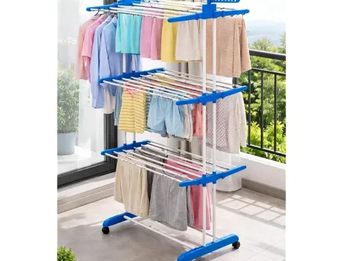 Heavy-Duty Clothes Drying Stand | Load Capacity 50 kg | Portable with Wheels | Balcony Use | Foldable Wings | Rust-Resistant Alloy Steel (Double Pole_Blue)