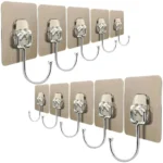 Heavy Duty Self Adhesive Wall Hooks | Waterproof PVC Sticky Hooks Stainless Steel Big Hooks for Home Storage Bathroom Kitchen | Silver Multipurpose 10KG Capacity (Golden Hook 10-pcs)