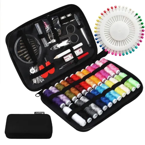 JUNING Sewing Kit with Case, 130 pcs Sewing Supplies for Home Travel and Emergency, Kids Machine, Contains 24 Spools of Thread of 100m, Mending and Sewing Needles, Scissors, Thimble, Tape Measure etc…