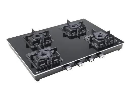KAFF Cooktop 4 Burners 69 CM, Black Coated Brass Burners With Auto Electric Ignition, Slim Line Design, Decorative SS Moulded Strip on All Sides for Edge Protection Black | CTQ694BAI