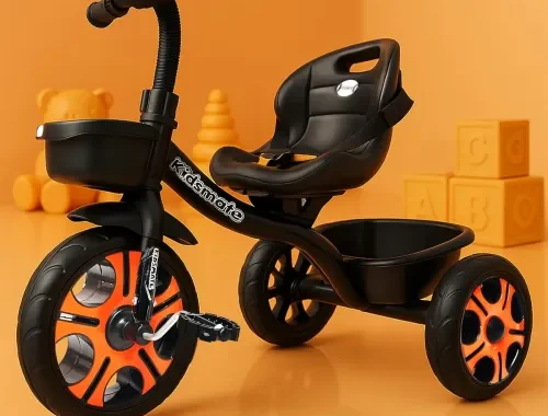 Kidsmate Ninja Plug N Play Durable Kids/Baby Tricycle, Storage Basket, Cushion Seat and Seat Belt for 12 Months to 48 Months Boys/Girls/Carrying Capacity Upto 30 Kgs (Black-Orange)