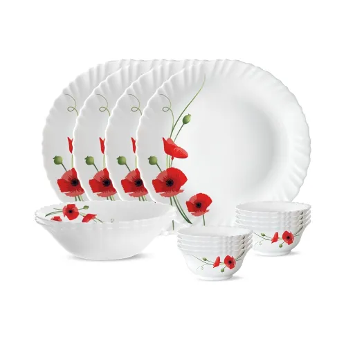 Larah by BOROSIL Red Carnation Opalware Dinner Set, (14-Pieces, White) Larah by BOROSIL Red Carnation Opalware Dinner Set, (14-Pieces, White)