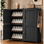 LERIMO 8 Tier Plastic Shoe Rack for Home with Doors | Foldable Modular Shoe Organizer | Dustproof & Waterproof Shoe Storage Rack | Space Saving Footwear Stand for Bedroom, Entryway (Grey, 4 Door)