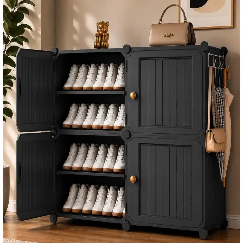 LERIMO 8 Tier Plastic Shoe Rack for Home with Doors | Foldable Modular Shoe Organizer | Dustproof & Waterproof Shoe Storage Rack | Space Saving Footwear Stand for Bedroom, Entryway (Grey, 4 Door) LERIMO 8 Tier Plastic Shoe Rack for Home with Doors | Foldable Modular Shoe Organizer | Dustproof & Waterproof Shoe Storage Rack | Space Saving Footwear Stand for Bedroom, Entryway (Grey, 4 Door)