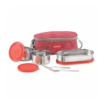 MODWARE Kodra 3 Pro Premium Stainless Steel Lunch Box Set with Leakproof Containers, Insulated Carry Bag, and Stainless Steel Cutlery – Ideal for Office, School, and Travel (Red)