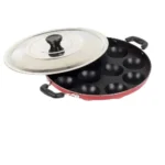 Mumma’s LIFE Non-Stick 12 Cavity Grill Appam Patra 2 Side Handle with Stainless Steel Lid | Appam Maker | Appam Patra | Appam pan | Litti Maker | Appe Stand Red (22 cm)