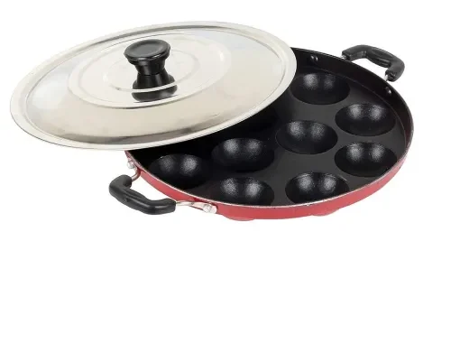 Mumma’s LIFE Non-Stick 12 Cavity Grill Appam Patra 2 Side Handle with Stainless Steel Lid | Appam Maker | Appam Patra | Appam pan | Litti Maker | Appe Stand Red (22 cm)