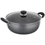Mumma’s LIFE Non-Stick Kadhai with Glass Lid (26 cm, Hammertone Finish, 3 Coat, 3mm Thickness), Aluminium (Grey)