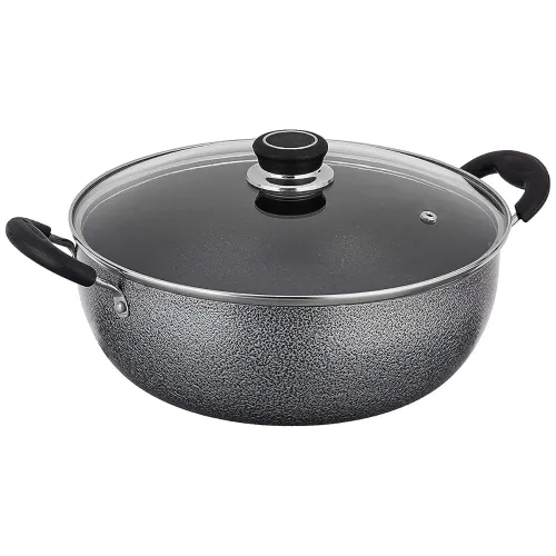Mumma’s LIFE Non-Stick Kadhai with Glass Lid (26 cm, Hammertone Finish, 3 Coat, 3mm Thickness), Aluminium (Grey)