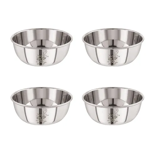 neelam Stainless Steel 5.5, 22 Gauge Lazer Etching 200 ml Vati, Set of 4, Dinner Bowl Katori Serving Vati, Durable Quality, Elegant, Perfect for Serving Snacks, Desserts, and Condiments
