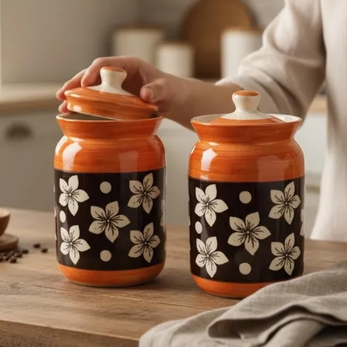 Orange Ceramic Handglazed Pickle Jars Set of 2-1000 ML Each | 1 kg Achaar Martban Barni Jar with Lid | Ceramic Storage Jar Container Pickle, Chatney Orange Ceramic Handglazed Pickle Jars Set of 2-1000 ML Each | 1 kg Achaar Martban Barni Jar with Lid | Ceramic Storage Jar Container Pickle, Chatney