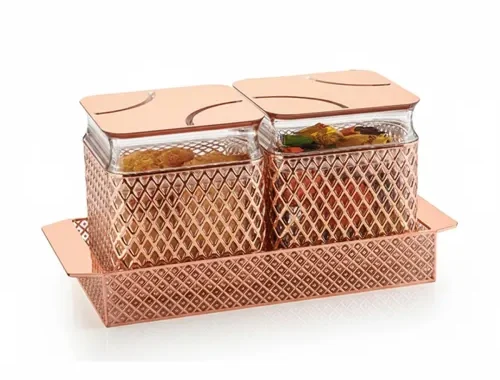 PEARLPET Fiesta Air-Tight Dry Fruit Container Tray Set With Lid & Serving Tray, Gift Set, 500 ml (RoseGold-2pcs)