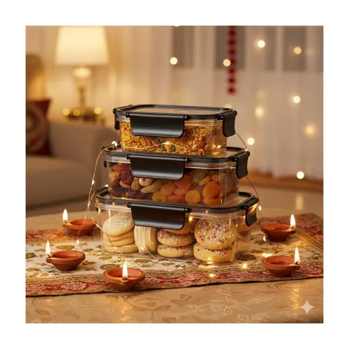 PEARLPET Luxeseal Airtight Food Storage Containers | 3-Piece Rectangular Jar Set | 400ml, 900ml, 1600ml | BPA-Free PET, Stackable, Festive Gift Set, Black PEARLPET Luxeseal Airtight Food Storage Containers | 3-Piece Rectangular Jar Set | 400ml, 900ml, 1600ml | BPA-Free PET, Stackable, Festive Gift Set, Black