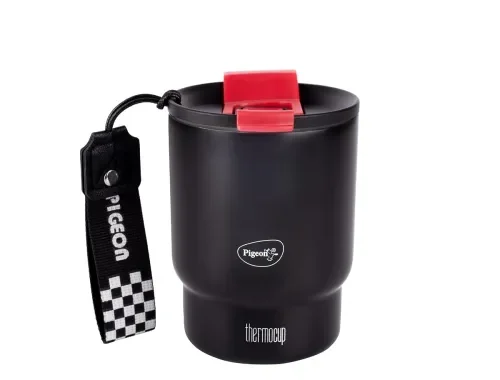 Pigeon Thermocup 350 ml: Stainless Steel Vacuum Insulated Coffee Cup/Tumbler for Hot and Cold Drinks, BPA-Free, Leak-Proof, Coffee Mug with Double Lid – Ideal for Car, Home, Office, Travelling | Black.