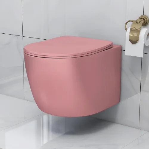 Plantex Ceramic Wall Hung Commode for Toilet/Rimless Washdown Flush Western Commode/Imported Commode with Soft Closing Toilet Seat – P Trap (Round, Matt Pink)