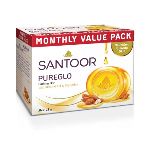 Santoor PureGlo Glycerine Soap with Almond Oil and Glycerine, 125g for Nourished Glowing Skin Pack of 3 Santoor PureGlo Glycerine Soap with Almond Oil and Glycerine, 125g for Nourished Glowing Skin Pack of 3