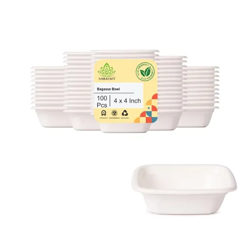 Shrayati Sugarcane Bagasse Bowls, 4 inch, 100 Pcs, Biodegradable Bagasse Disposable Sqauare Bowls for Convenient and Sustainable Eating Shrayati Sugarcane Bagasse Bowls, 4 inch, 100 Pcs, Biodegradable Bagasse Disposable Sqauare Bowls for Convenient and Sustainable Eating