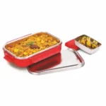 Signora Ware Health Bud Small Stainless Steel Lunch Box with Steel Lid (with Insulation Puffing) and Small Handy Steel Container with Leakproof Plastic Lid, 650Ml + 150Ml, Red, Set of 2