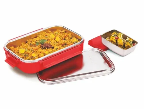 Signora Ware Health Bud Small Stainless Steel Lunch Box with Steel Lid (with Insulation Puffing) and Small Handy Steel Container with Leakproof Plastic Lid, 650Ml + 150Ml, Red, Set of 2