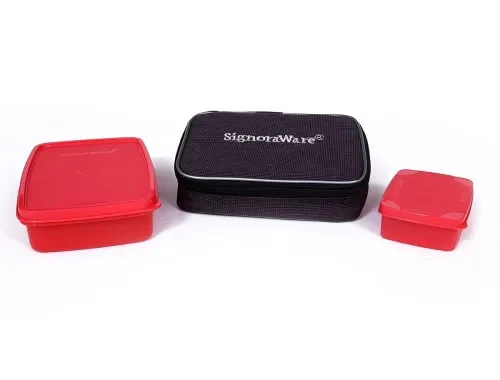 SignoraWare Compact Lunch Box Set of 2 With Zipered Bag, Bpa Free Plastic, Microwave Safe Food Grade Tiffin Boxes Office School, Leak Proof Air Tight (550ml+150ml, Rectangular, Red)