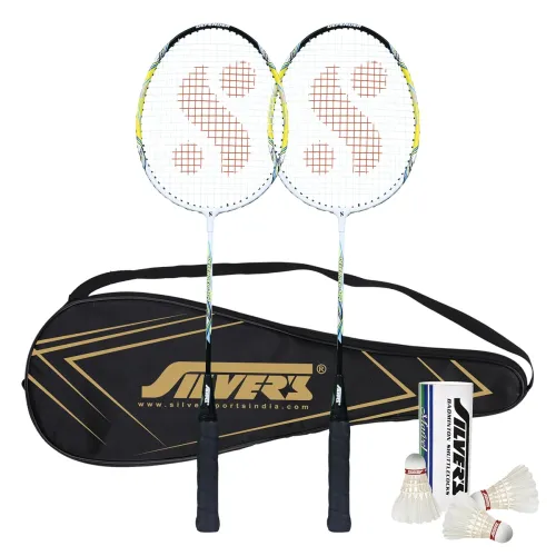 Silver’s Aluminium Defender Badminton Kit (2 Racquets with Full Cover, 1 Box Feather Shuttlecock Pack of 3)(Green/White)
