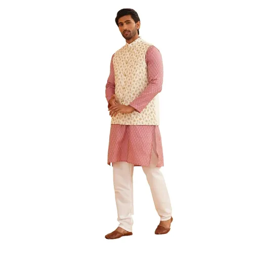 SOJANYA (Since 1958 Men’s Ethnic Motifs Woven Design Silk Blend Kurta & Churidar With Nehru Jacket SOJANYA (Since 1958 Men’s Ethnic Motifs Woven Design Silk Blend Kurta & Churidar With Nehru Jacket