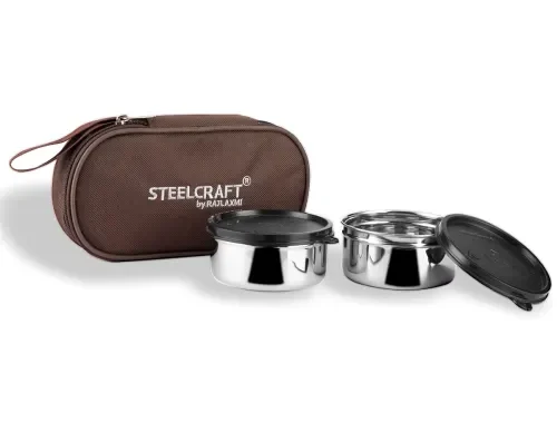 Steelcraft Premium Beige Lunch Box | Stainless Steel – 2 Containers | School & Office Use | with Insulated Bag | 350 ml x 2 | Leaf Proof & Air Tight – Brown