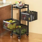 TEX-RO Kitchen Trolley with Wheels | 3-Layer Metal Vegetable Basket Stand & Kitchen Storage Rack | Multipurpose Kitchen Organizer for Onion Potato Storage (Black)