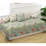 Trance Home Linen 200TC Diwan Set 100% Cotton 6 Pc | Deewan Printed Bedsheet Sets (Set of 6 Pc, 1-Bed Sheet 54×88 Inch | 2-Bolster Cover 16×32 Inch | 3-Cushion Cover 16×16 Inch) – Calicut Green White