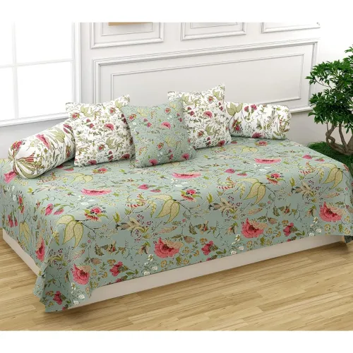 Trance Home Linen 200TC Diwan Set 100% Cotton 6 Pc | Deewan Printed Bedsheet Sets (Set of 6 Pc, 1-Bed Sheet 54×88 Inch | 2-Bolster Cover 16×32 Inch | 3-Cushion Cover 16×16 Inch) – Calicut Green White