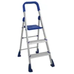 Trendy Aluminium Foldable Step Ladder, Firm Grip, 3 Steps with Knee Guard and Anti-Skid Shoes (Aluminium Steps, Blue & Satin)