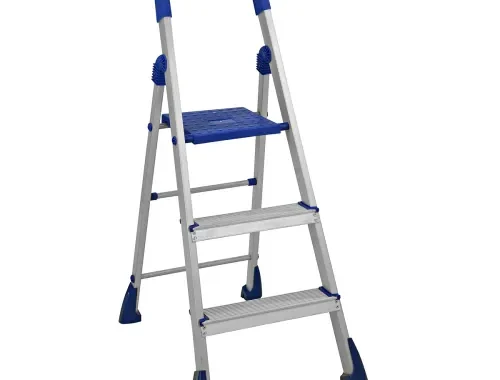 Trendy Aluminium Foldable Step Ladder, Firm Grip, 3 Steps with Knee Guard and Anti-Skid Shoes (Aluminium Steps, Blue & Satin)