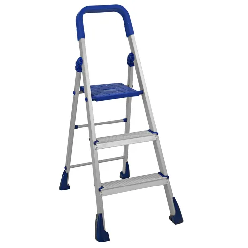 Trendy Aluminium Foldable Step Ladder, Firm Grip, 3 Steps with Knee Guard and Anti-Skid Shoes (Aluminium Steps, Blue & Satin) Trendy Aluminium Foldable Step Ladder, Firm Grip, 3 Steps with Knee Guard and Anti-Skid Shoes (Aluminium Steps, Blue & Satin)