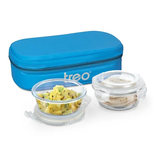 Treo by Milton Sky Lite Tiffin Vertical | 2 Round Containers (400 ml Each) with Jacket | Borosilicate Glass | Airtight Leak-Proof Lids | Microwave & Oven Safe | Ideal for Office & Travel, Blue Treo by Milton Sky Lite Tiffin Vertical | 2 Round Containers (400 ml Each) with Jacket | Borosilicate Glass | Airtight Leak-Proof Lids | Microwave & Oven Safe | Ideal for Office & Travel, Blue