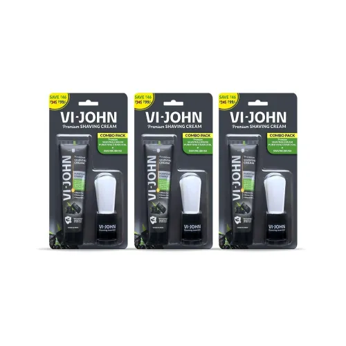 VI-JOHN Dermatologically Tested Purifying Charcoal Premium Shaving Cream With Shaving Brush Enriched With Aloevera & Jojoba Oil From Paraben-70g- Pack of 3