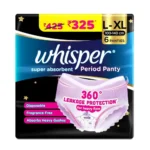 Whisper Super Absorbent Period Panty, 6 L-XL Pants, 360 Degree Leakage Protection* for Heavy Flow For Women, Panty like Fit, Full back Coverage, Absorbs Heavy Gushes, Silky Soft, Comfortable Feel