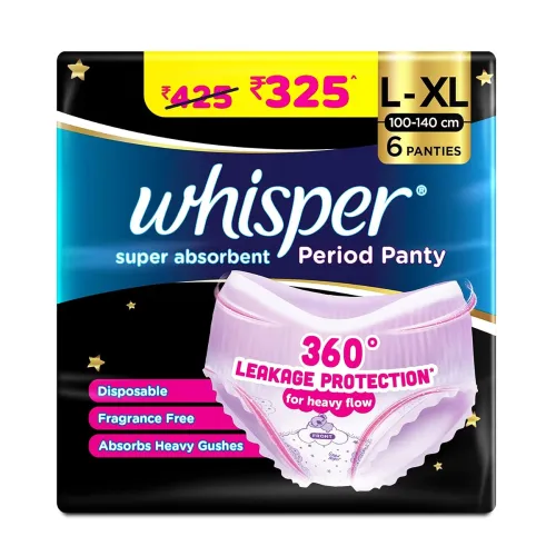 Whisper Super Absorbent Period Panty, 6 L-XL Pants, 360 Degree Leakage Protection* for Heavy Flow For Women, Panty like Fit, Full back Coverage, Absorbs Heavy Gushes, Silky Soft, Comfortable Feel Whisper Super Absorbent Period Panty, 6 L-XL Pants, 360 Degree Leakage Protection* for Heavy Flow For Women, Panty like Fit, Full back Coverage, Absorbs Heavy Gushes, Silky Soft, Comfortable Feel