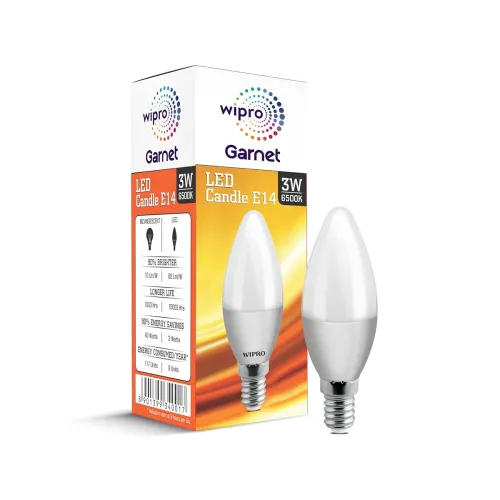 wipro Garnet 3 W E14 Base Frosted Candle LED Bulb | Cool Day White (6500K) | Pack of 1 | Clear optics for sparkling effect | LED Filament Bulb for Home, office, chandellior, decorative lamp shade wipro Garnet 3 W E14 Base Frosted Candle LED Bulb | Cool Day White (6500K) | Pack of 1 | Clear optics for sparkling effect | LED Filament Bulb for Home, office, chandellior, decorative lamp shade