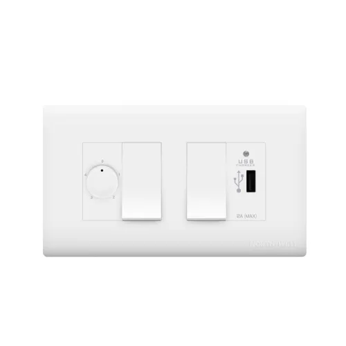 Wipro Northwest (Nowa) Switch Combo of 4M Plate + 1M 6A Switch x2 + USB Charger + 4 Step Fan Regulator, White (Kit 10) Wipro Northwest (Nowa) Switch Combo of 4M Plate + 1M 6A Switch x2 + USB Charger + 4 Step Fan Regulator, White (Kit 10)
