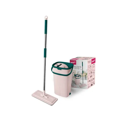 YORK Hands-Free Squeeze Microfiber Flat Spin Mop System 360° Flexible Head (32X12 cm) with Bucket, 59.8” Extended Stainless Steel Handle with with Extra 1 Super-Absorbent Reusable Microfiber Pads