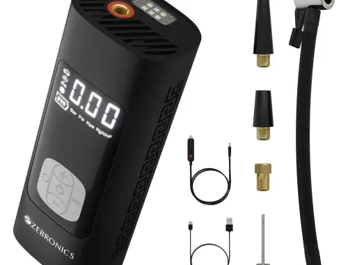 ZEBRONICS 19TI6, Tyre Inflator, 150 PSI, 6000mAh, Super Fast Inflation, Power Bank Function, Type-C, Included 12V Car Adapter, Wired & Wireless Mode, SOS Mode, Flashlight, for Car | Bike | Bicycle