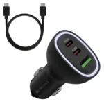 Zebronics 78W Car Charger with Multi-Output – Dual Type-C (30W+30W) & 1 USB (18W), PPS Tech, Rapid Charging, 1m Type-C 60W Cable, Compact, for Smartphones, iPhones, Tablets, Earbuds (CC78)