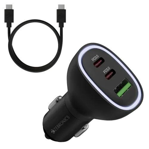 Zebronics 78W Car Charger with Multi-Output – Dual Type-C (30W+30W) & 1 USB (18W), PPS Tech, Rapid Charging, 1m Type-C 60W Cable, Compact, for Smartphones, iPhones, Tablets, Earbuds (CC78)