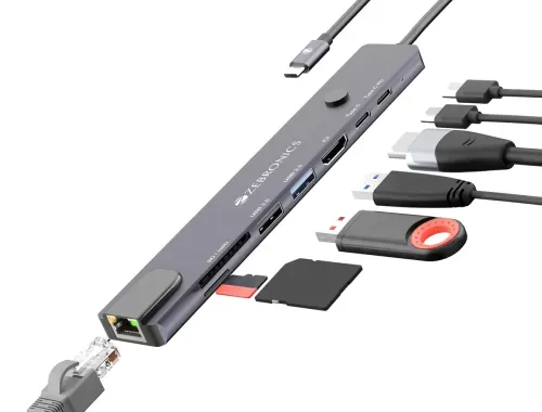 Zebronics 8-in-1 Type-C Multiport Hub, 100W PD Support, 5Gbps Data Transfer, HDMI 1.4 (4K@30Hz) with On/Off Button, USB, SD, mSD, RJ45, Metal Body, LED Display (CT81 Plus)