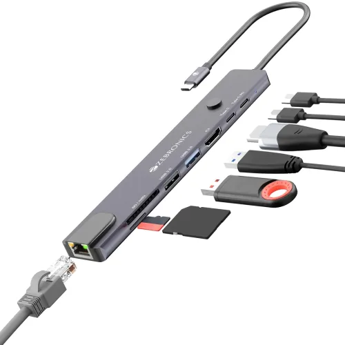 Zebronics 8-in-1 Type-C Multiport Hub, 100W PD Support, 5Gbps Data Transfer, HDMI 1.4 (4K@30Hz) with On/Off Button, USB, SD, mSD, RJ45, Metal Body, LED Display (CT81 Plus) Zebronics 8-in-1 Type-C Multiport Hub, 100W PD Support, 5Gbps Data Transfer, HDMI 1.4 (4K@30Hz) with On/Off Button, USB, SD, mSD, RJ45, Metal Body, LED Display (CT81 Plus)
